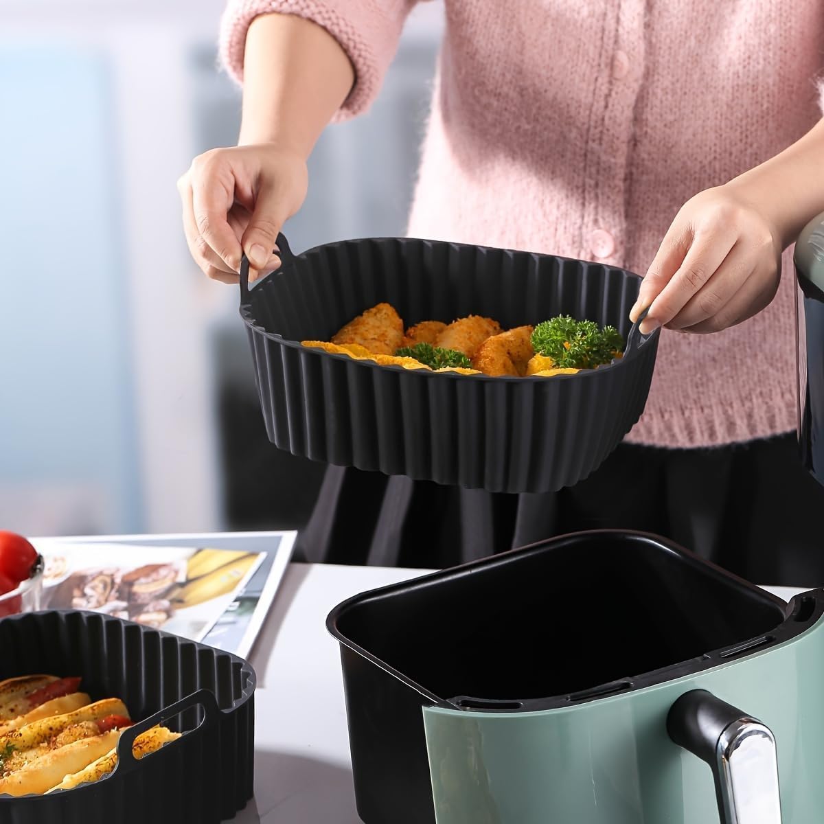 Air Fryer Silicone Liners Square 2 Pack 8 Inch Airfryer Liners 4-7 QT Reusable Air Fryer Liners Pot Oven Liner Baking Tray, Basket Mat Bowl Accessories Kitchen (BPA-free)