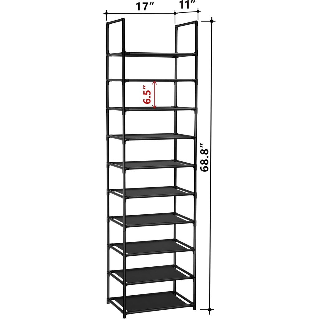 Fiducial Home 10 Tiers Shoe Rack Organizer 20 Pairs Tall Shoe Shelf | Tall Narrow Space Saving For Closet Entryway Dorm, Easy To Assemble, 17"L X 11"W X 68.8"H, Black