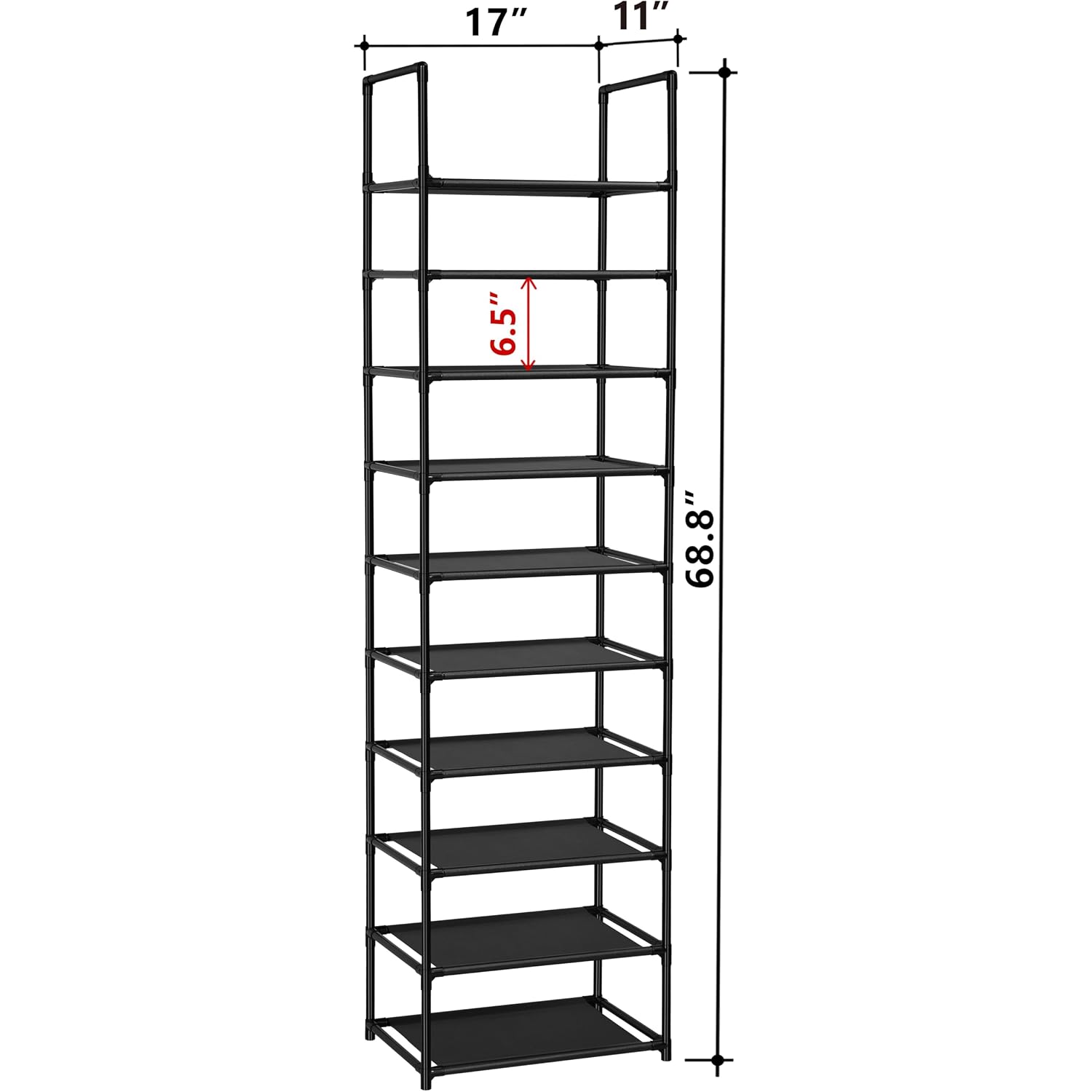 Fiducial Home 10 Tiers Shoe Rack Organizer 20 Pairs Tall Shoe Shelf | Tall Narrow Space Saving For Closet Entryway Dorm, Easy To Assemble, 17"L X 11"W X 68.8"H, Black