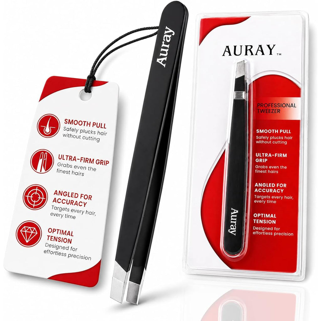 Eyebrow Tweezers Stainless Steel Facial Hair Removal Tweezers for Men & Women in Black with Slanted Tip for Easy Plucking by AURAY