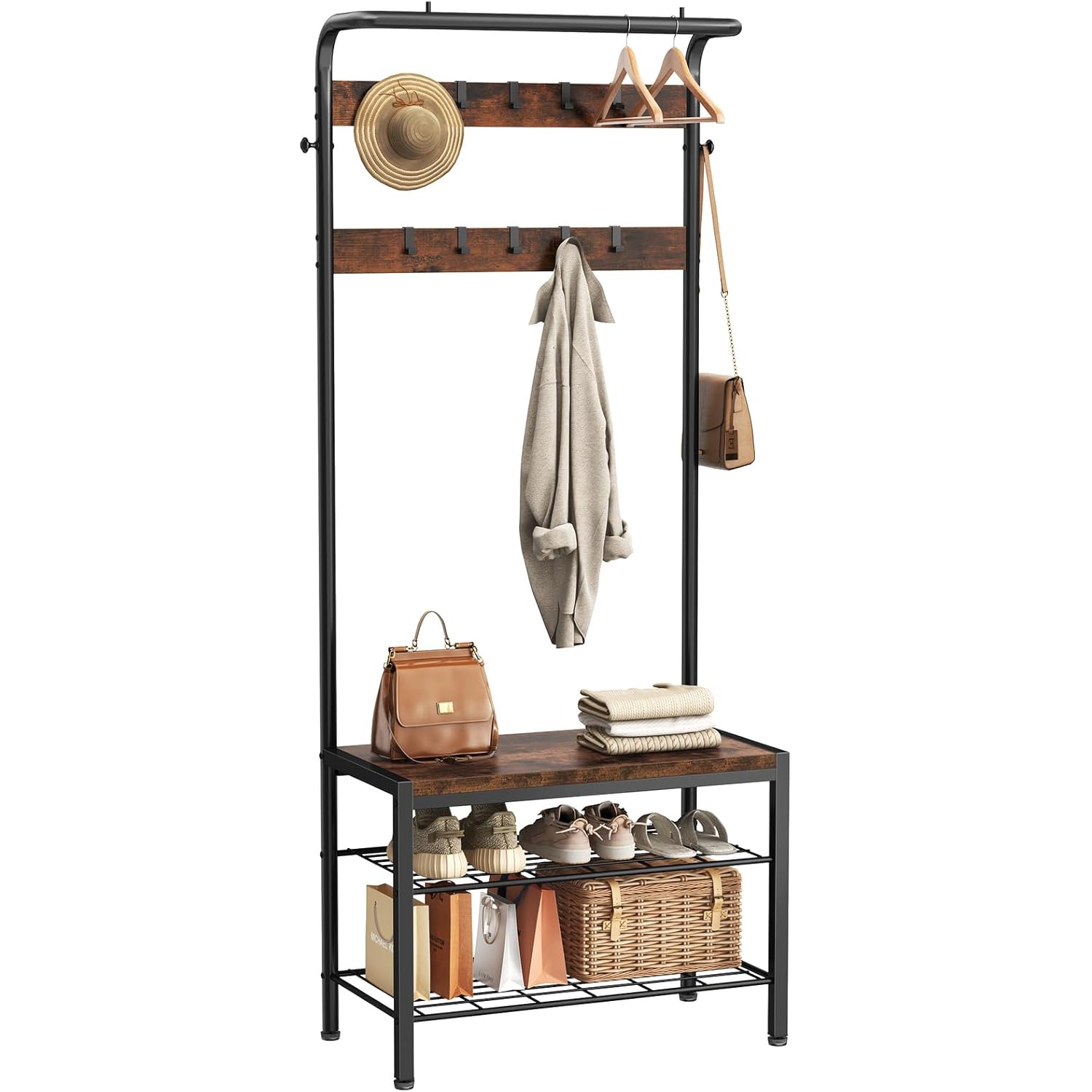 NEWBULIG Hall Tree with Shoe Bench and Coat Rack, 4-in-1 Entryway Organizer with 10 Hooks and Storage Shelf, Rustic Wood Finish Entryway Bench for Mudroom, Living Room, Bedroom, Brown