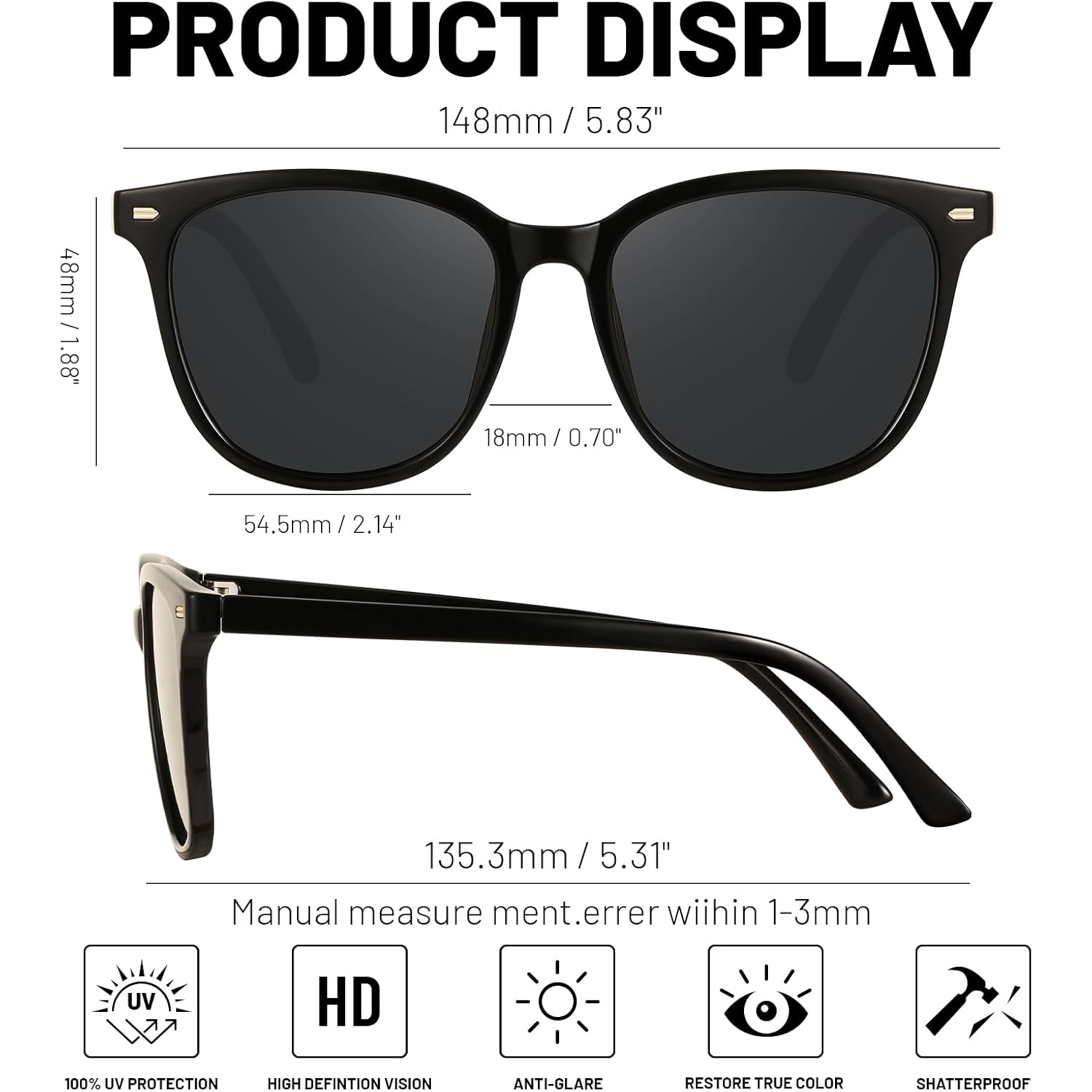 Retro Polarized Sunglasses For Women Men Big Frame Vintage Style Trendy Shade Uv400 Protection Lens Sun Glasses