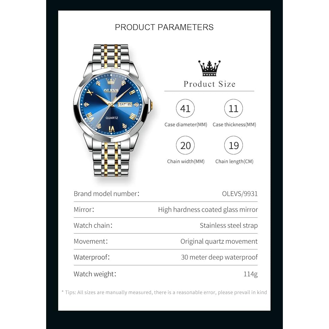 Olevs Watch For Men Diamond Business Dress Analog Quartz Stainless Steel Waterproof Luminous Date Two Tone Luxury Casual Wrist Watch Blue