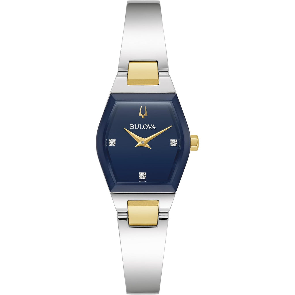 Bulova Ladies Modern Gemini Diamond Silver And Gold Stainless Steel Watch,Tonneau Shape Blue Dial, Model: 98P218