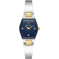 Bulova Ladies Modern Gemini Diamond Silver And Gold Stainless Steel Watch,Tonneau Shape Blue Dial, Model: 98P218