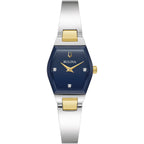 Bulova Ladies Modern Gemini Diamond Silver And Gold Stainless Steel Watch,Tonneau Shape Blue Dial, Model: 98P218