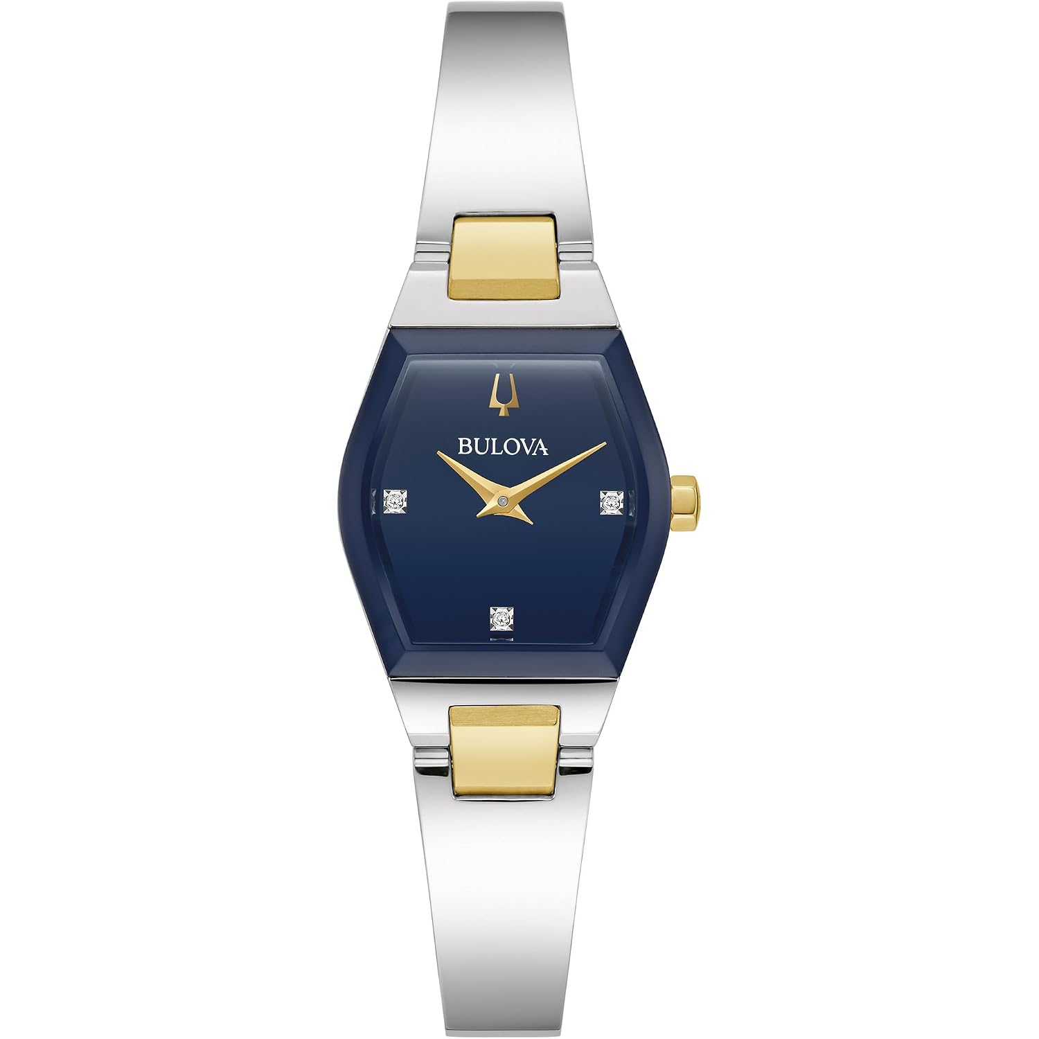Bulova Ladies Modern Gemini Diamond Silver And Gold Stainless Steel Watch,Tonneau Shape Blue Dial, Model: 98P218