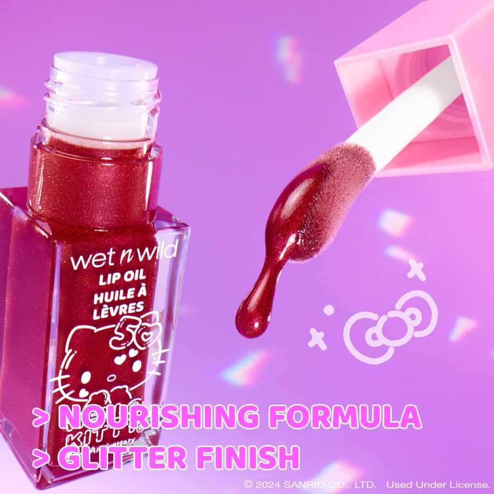 wet n wild Hello Kitty Glitter Lip Oil, New 10 Oil Infused Formula, Warm Apple Pie Lightly Scented, Sparkly Bold Colors, Cruelty-Free & Vegan - Magic Apple