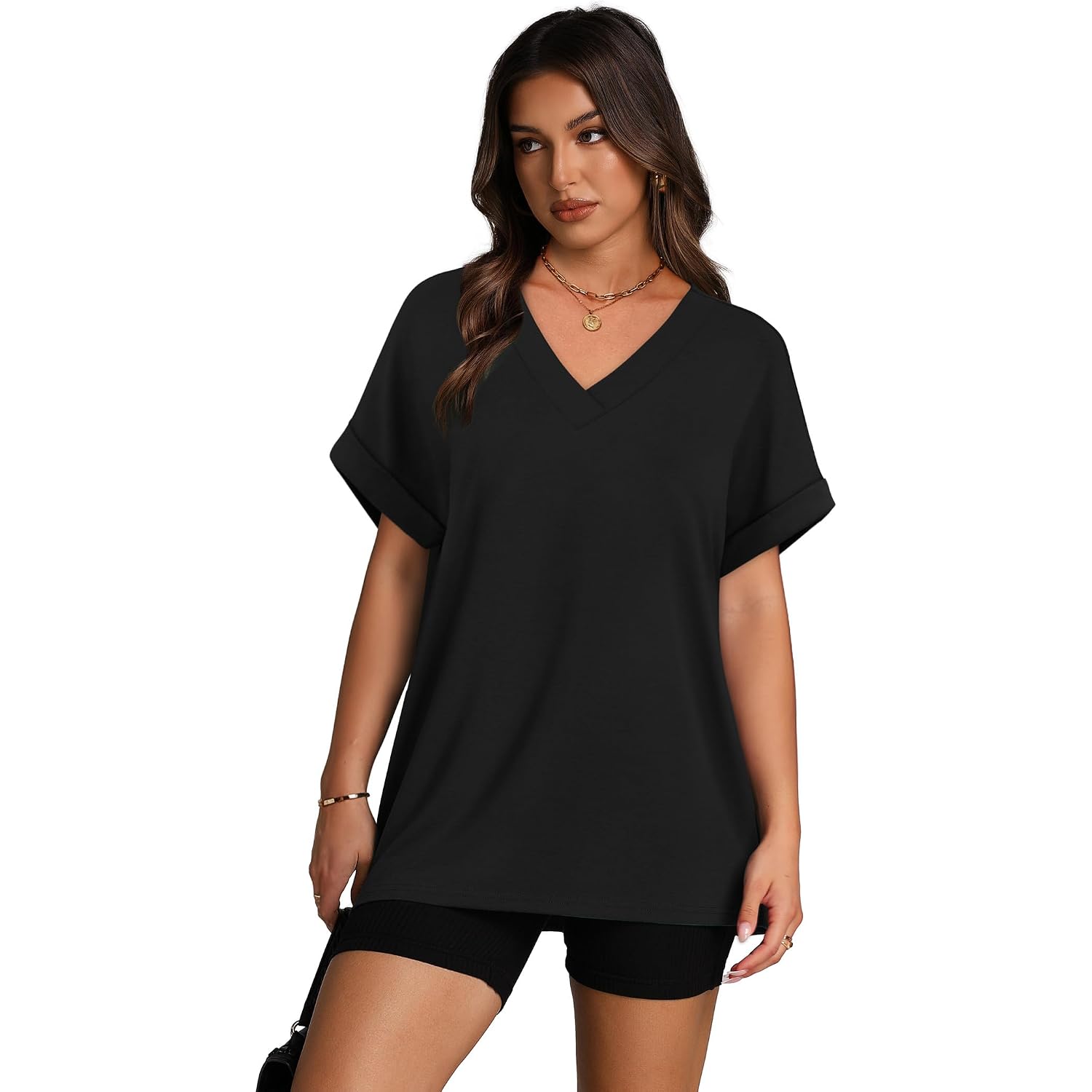 Wiholl Womens Oversized V Neck Tshirts Plus Size Summer Tops 2026 Short Rolled Sleeve Shirts Dressy Casual Blouses S-4Xl