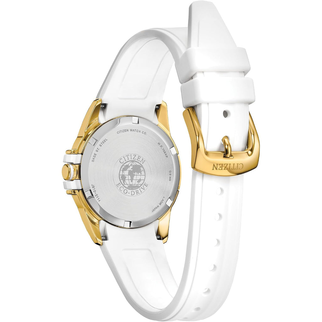 Citizen Ladies Eco-Drive Veya, 33.4Mm Gold-Tone Stainless Steel Case With A White Silicone Strap & Silver-White Dial (Style: Fe1262-03A)
