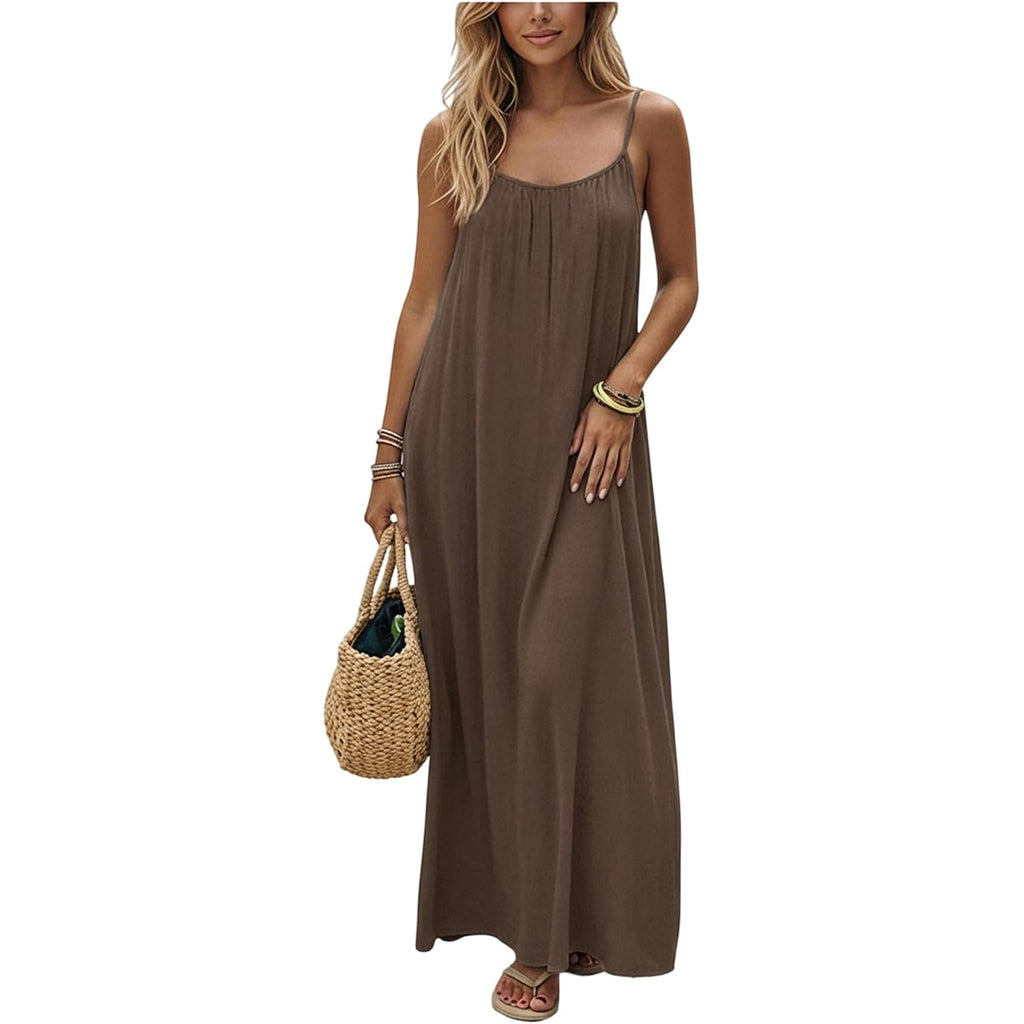 Shenhe Women'S Open Back Spaghetti Strap Beach Maxi Dress Loose Flowy Vacation Sundress