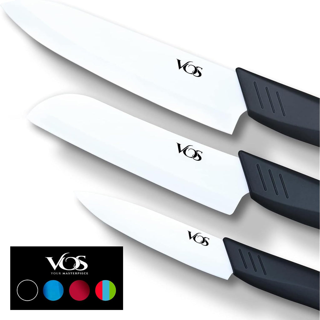 Vos Ceramic Knife Set In Elegant Gift Box, Ceramic Knives Set For Kitchen, Ultra Sharp Kitchen Knife Set With Covers, 4" 5" 6" Paring, Santoku & Chef Knife, Lightweight, Dishwasher Safe (Black Handle)