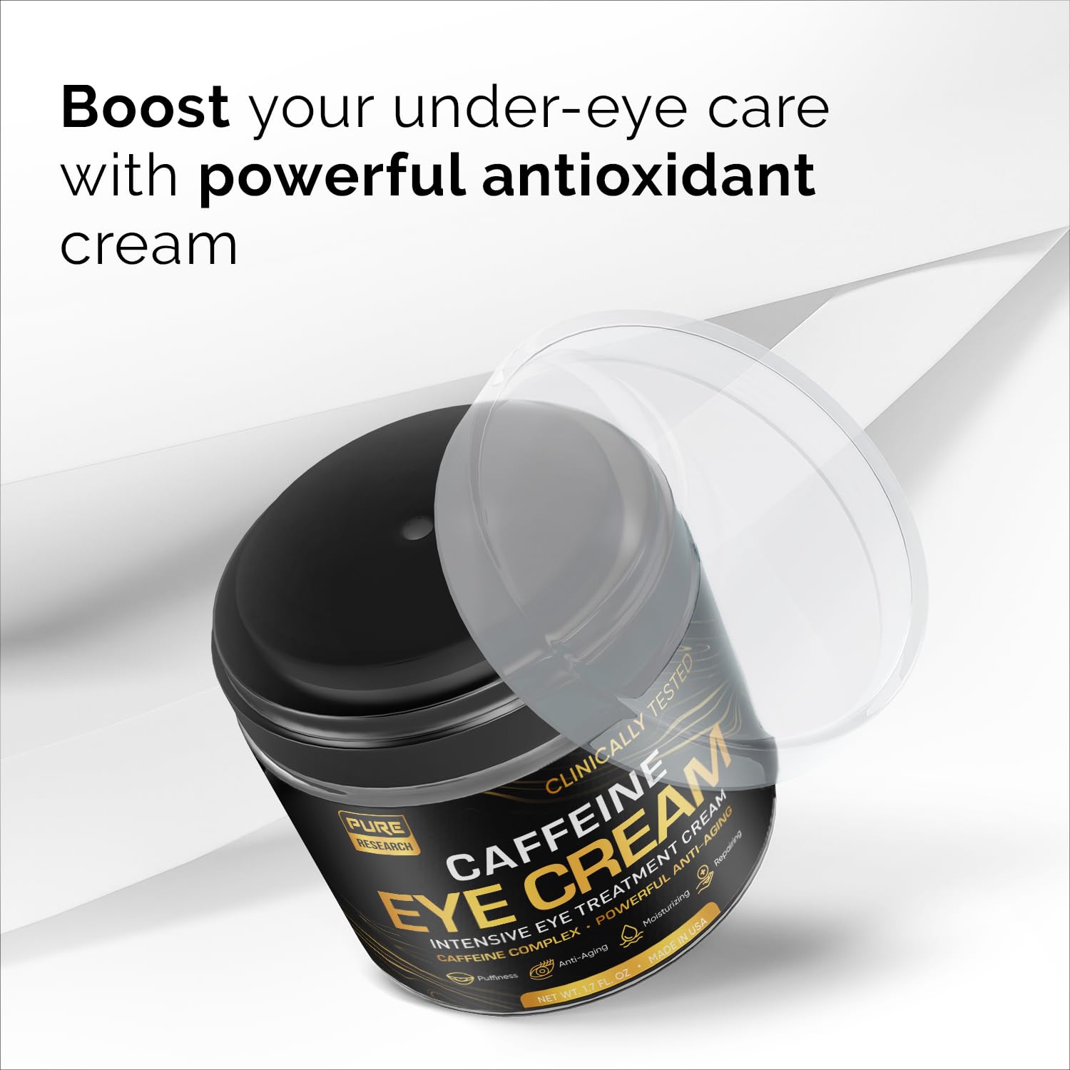 Pure Research Caffeine Eye Cream For Anti Aging, Dark Circles, Bags, Puffiness. Great Under Eye Skin + Face Tightening, Eye Lift Treatment For Men & Women 1.7Oz