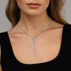 STONEFANS Long Tennis Necklaces for Women - Dainty Silver Lariat Necklace Rhinestone Y Shaped Drop Necklace Cute Choker Necklaces for Women Trendy Silver Prom Jewelry Gifts