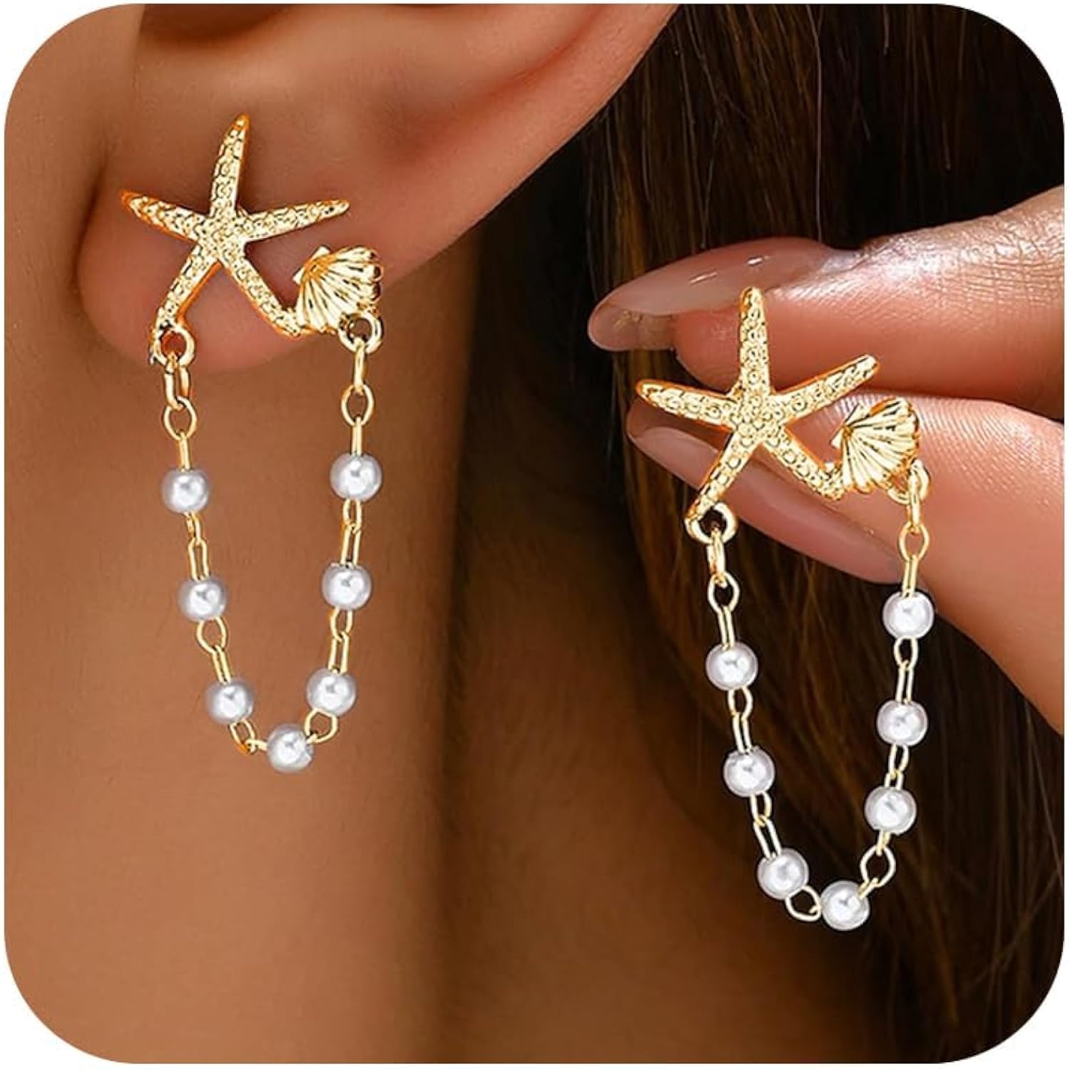 Seashell Starfish Earrings Beach Jewelry for Women Pearl Drop Shell Earrings Ocean Beachy Fashion Accessories Womens Summer Outfits 2026 Tropical Vacation Outfits Beach Vacation Clothes Dresses