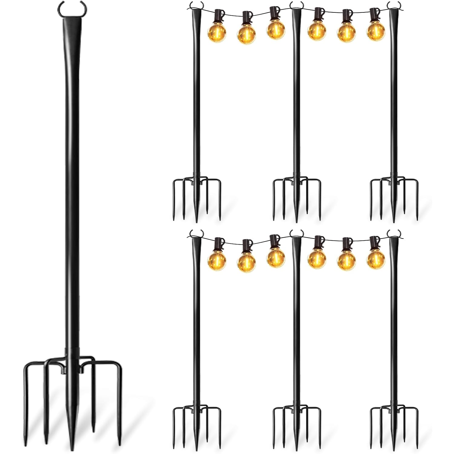 6 Pack String Light Poles For Outside, Upgraded Heavy-Duty Metal Poles For Outdoor String Lights With Fork, Adjustable Lighting Hanging Accessories For Patio Decor Pergola Backyard Garden Decorations