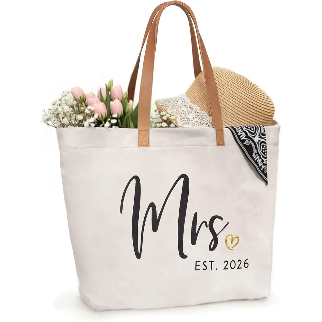 ELEGANTPARK Mrs Gifts for Bride 2026 - Large Canvas Wedding Tote Bag with Zipper, Bridal Shower Gift for Bride to Be, Bachelorette Party Honeymoon Beach Bag