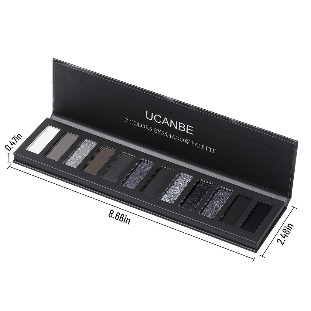 Ucanbe Smokey Eyeshadow Palette, Dark Black White Gray Silver Natural Nude Matte Shimmer Eye Shadow Make Up Pallet For Smoky Emo Goth Makeup, 12 Color High Pigmented Long Lasting Waterproof Pallete