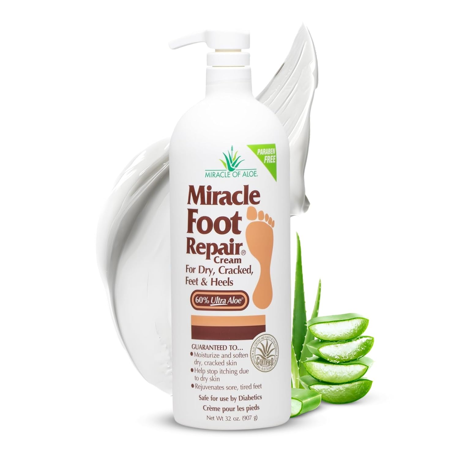 Miracle of Aloe Foot Repair Cream, 32 oz, 60% Pure UltraAloe, Non-Greasy Moisturizer for Dry, Cracked Feet and Callused Skin, Fast-Absorbing Deep Hydration, Diabetic Safe, Peppermint Scent