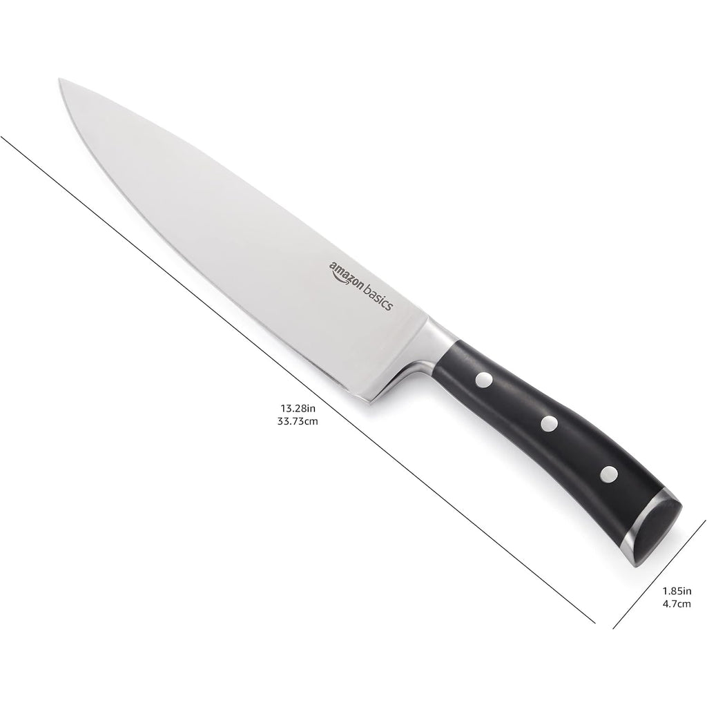 Amazon Basics Classic 8-Inch Full Tang High Carbon Stainless Steel Chef'S Knife, Multipurpose Kitchen Knife With Three Rivets, Silver