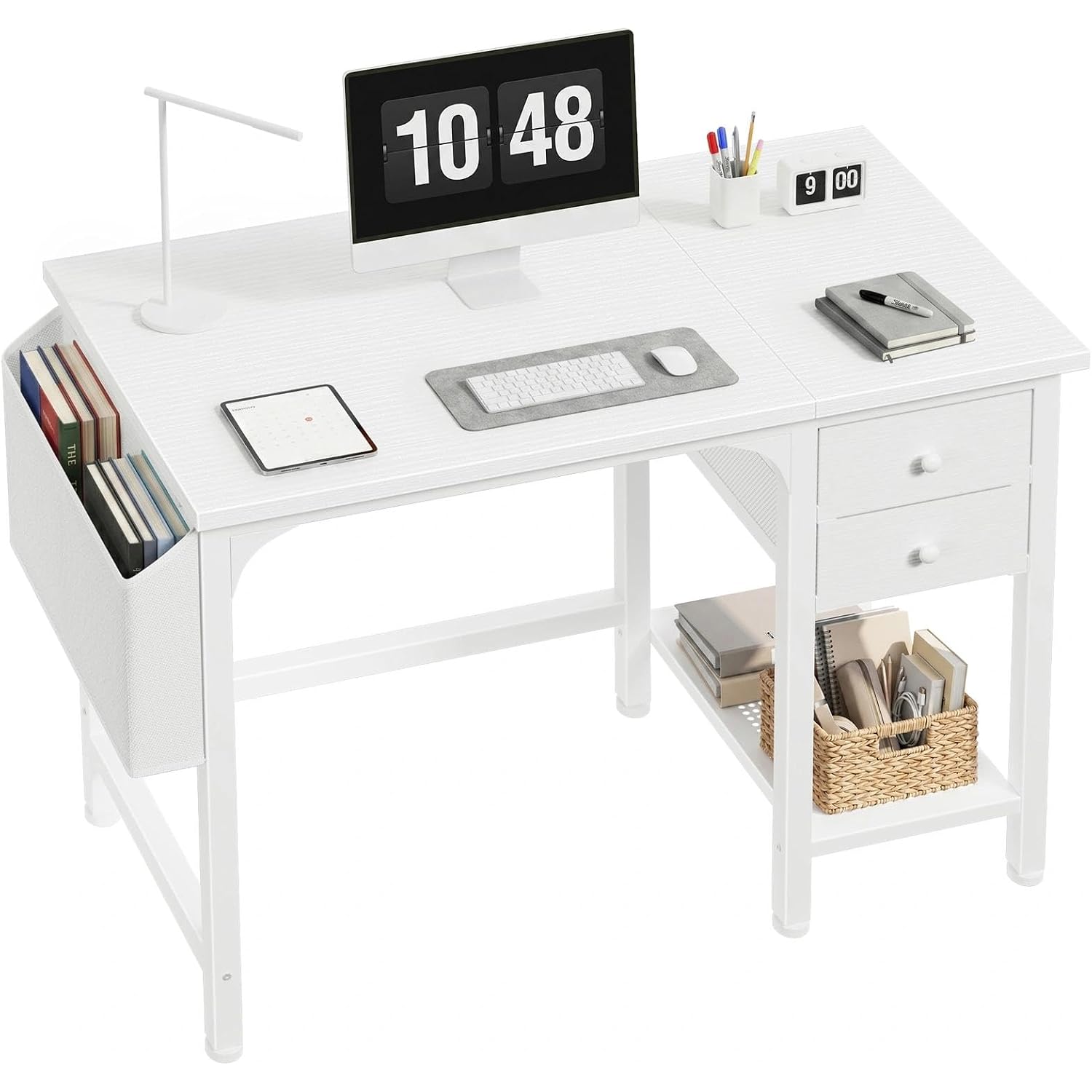 Lufeiya White Small Desk With Drawers - 40 Inch Computer Desk For Small Space Home Office, Modern Simple Study Writing Table Pc Desks