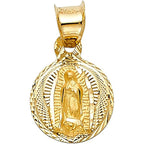 Ioka 14K Yellow Gold Diamond Cut Our Lady of Guadalupe Stamp Charm Pendant with 1.2mm Flat Open Wheat Chain Necklace