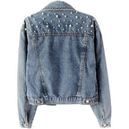 Women Oversized Denim Jacket Embroidered Pearls Beading Jeans Coat