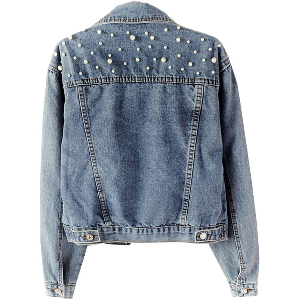 Women Oversized Denim Jacket Embroidered Pearls Beading Jeans Coat