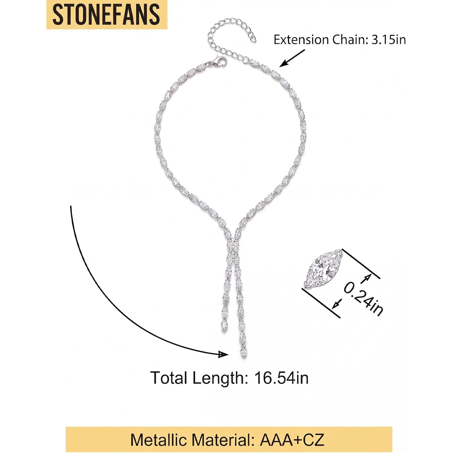 STONEFANS Long Tennis Necklaces for Women - Dainty Silver Lariat Necklace Rhinestone Y Shaped Drop Necklace Cute Choker Necklaces for Women Trendy Silver Prom Jewelry Gifts