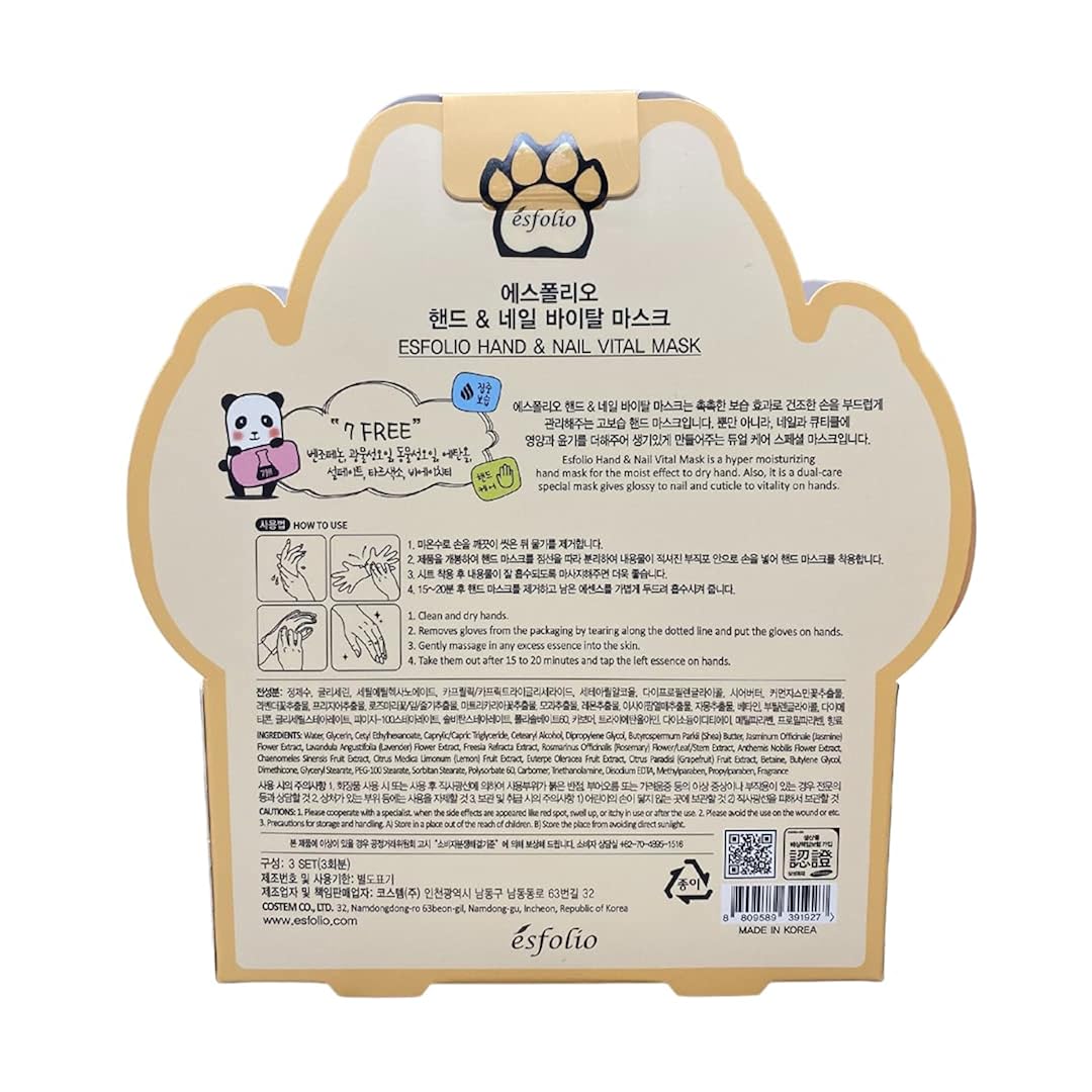 Esfolio Hand & Nail Vital Mask 3 Pairs Moisturizing Hand Care Gloves Nourishing Skin Comfort Support Softening Conditioning Care Korean Skincare Inspired Hand Treatment Mask