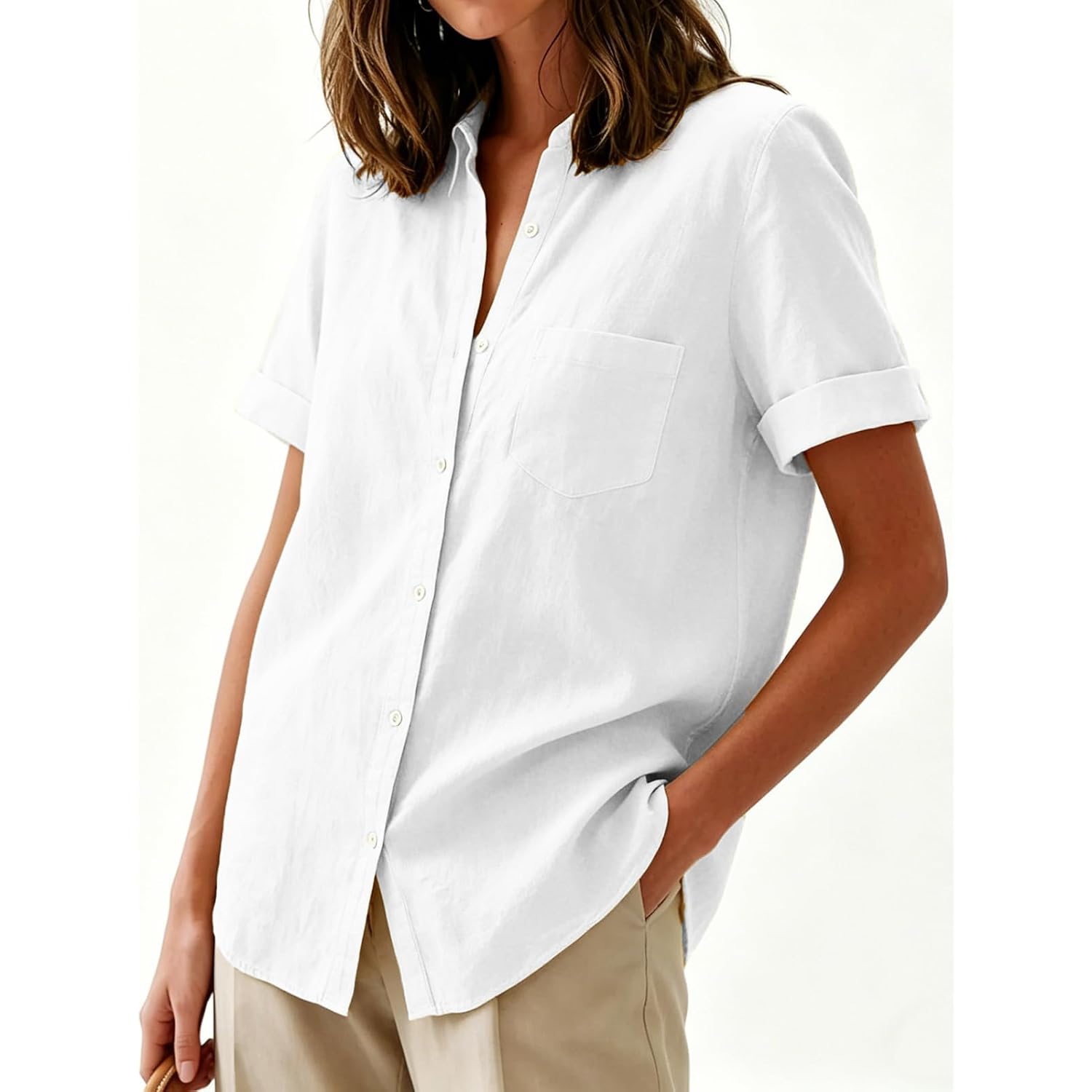 Aoudery Womens Button Down Shirts Short Sleeve Summer Oxford V Neck Collared Button Up Casual Blouses Tops With Pocket