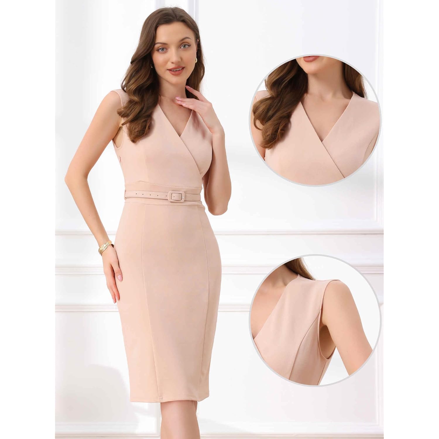 Sheath Dress for Women's Wrap V Neck Business Office Belt Sleeveless Pencil Dresses