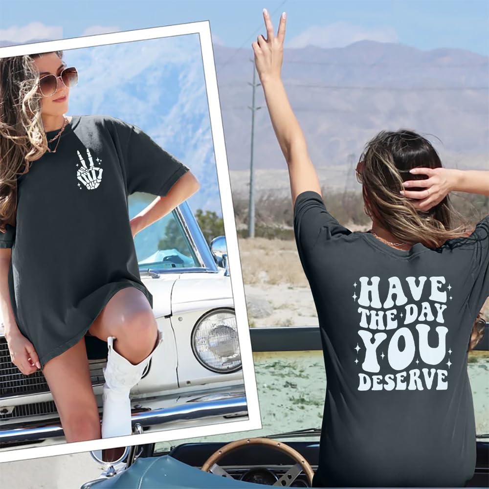 ASTANFY Oversized Tshirts for Women: Deserve Day Shirt Funny Skeleton Shirts Casual Oversized Graphic Tees Tops Grey