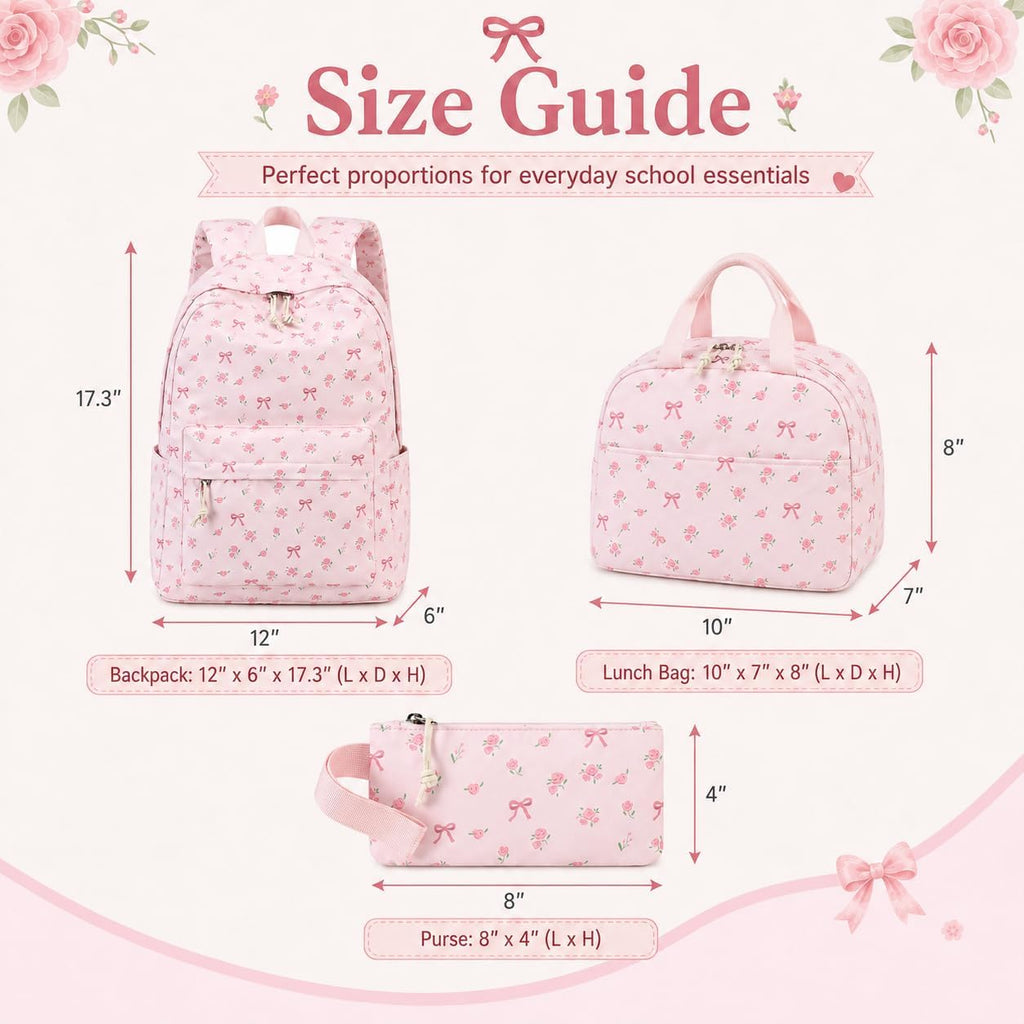 Bluboon Teen Girls School Backpack Kids Bookbag Set With Lunch Box Pencil Case Travel Laptop Backpack Casual Daypacks (Pink Bow Tie)