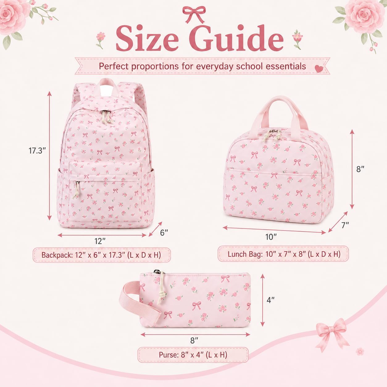 Bluboon Teen Girls School Backpack Kids Bookbag Set With Lunch Box Pencil Case Travel Laptop Backpack Casual Daypacks (Pink Bow Tie)