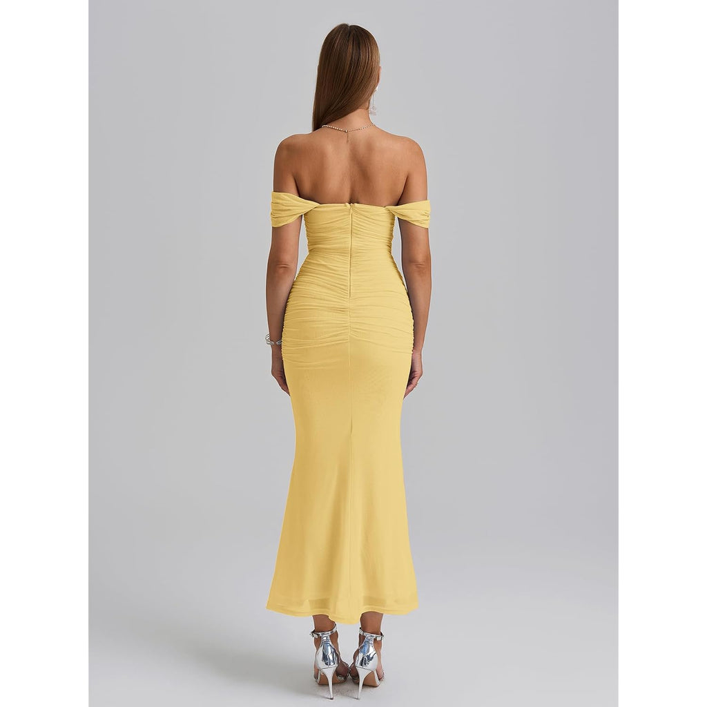 Kutumai Off The Shoulder Maxi Long Dress Corset Ruched Bodycon Cocktail Formal Wedding Guest Dresses For Women