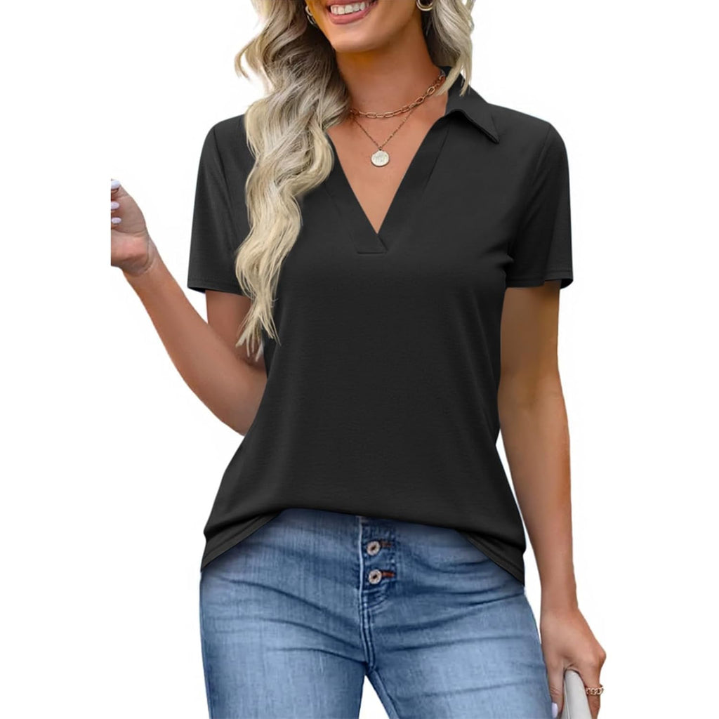 Womens Short Sleeve Polo Shirts V Neck Business Dressy Casual Tops Summer Collared Trendy Tees