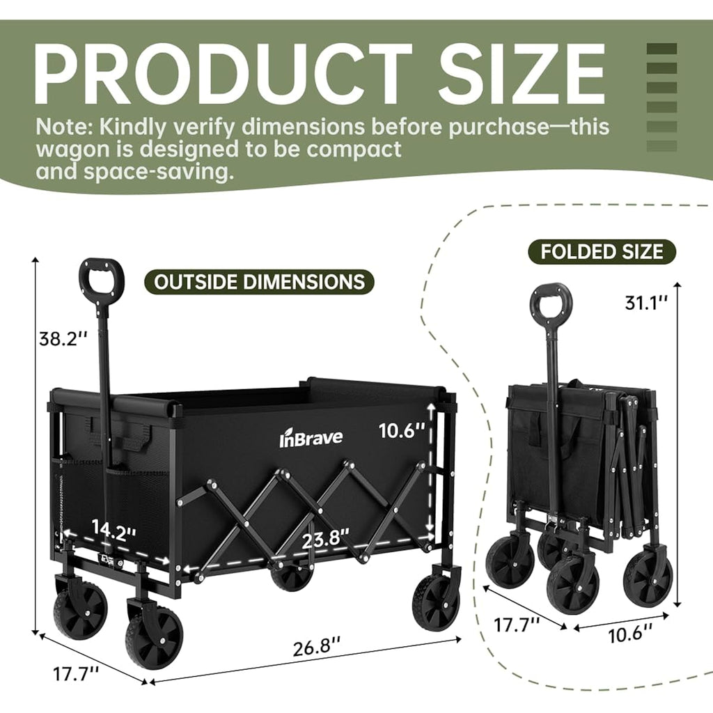 Collapsible Wagon Cart Foldable Beach Wagon With All-Terrain Wheels - 380 Lbs Heavy Duty Grocery Cart For Shopping, Beach, Camping, Sports, Garden (Black)