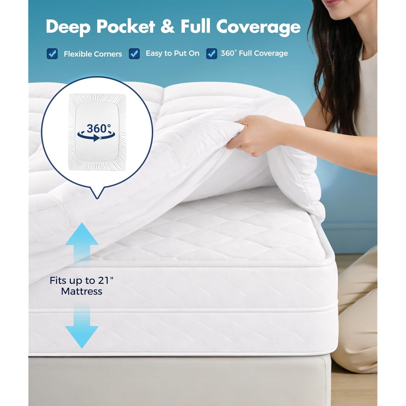 Fracho Cotton Mattress Topper Queen Size, Extra Thick Pillow Top Mattress Pad Cover With Breathable Pure Cotton Surface, Cooling Plush Bed Topper For Back Support, 8-21" Elastic Deep Pocket, White