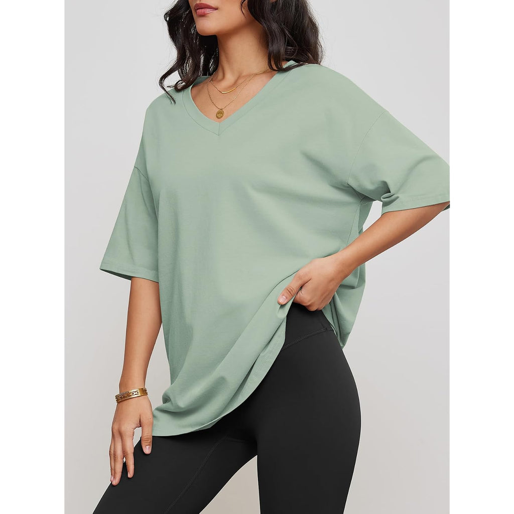 Athmile Womens Oversized Shirts V Neck Plus Size Spring Workout Summer Tops Beach Vacation 2026 Gym Clothes Basic Tee
