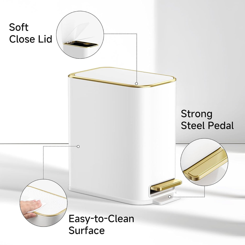 Tipgo Small Bathroom Trash Can With Lid Soft Close, Step Pedal, 5 Liter / 1.3 Gallon Stainless Steel Trash Bin, Slim Garbage Cans For Toilet, Office, Bedroom (White)