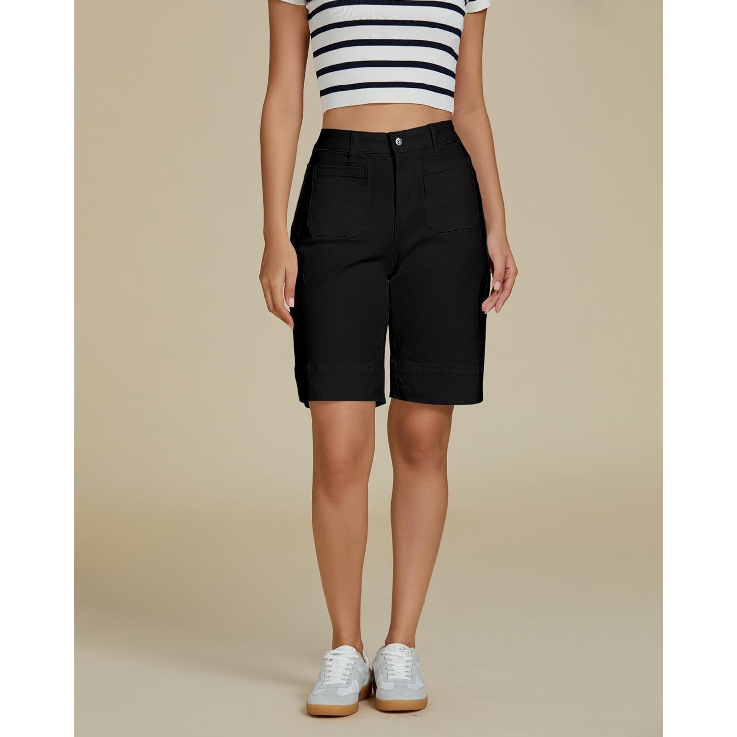 Bermuda Shorts for Women High Waisted Trendy Patch Pocket Casual Vintage Long Stretchy Denim Shorts Summer Jorts