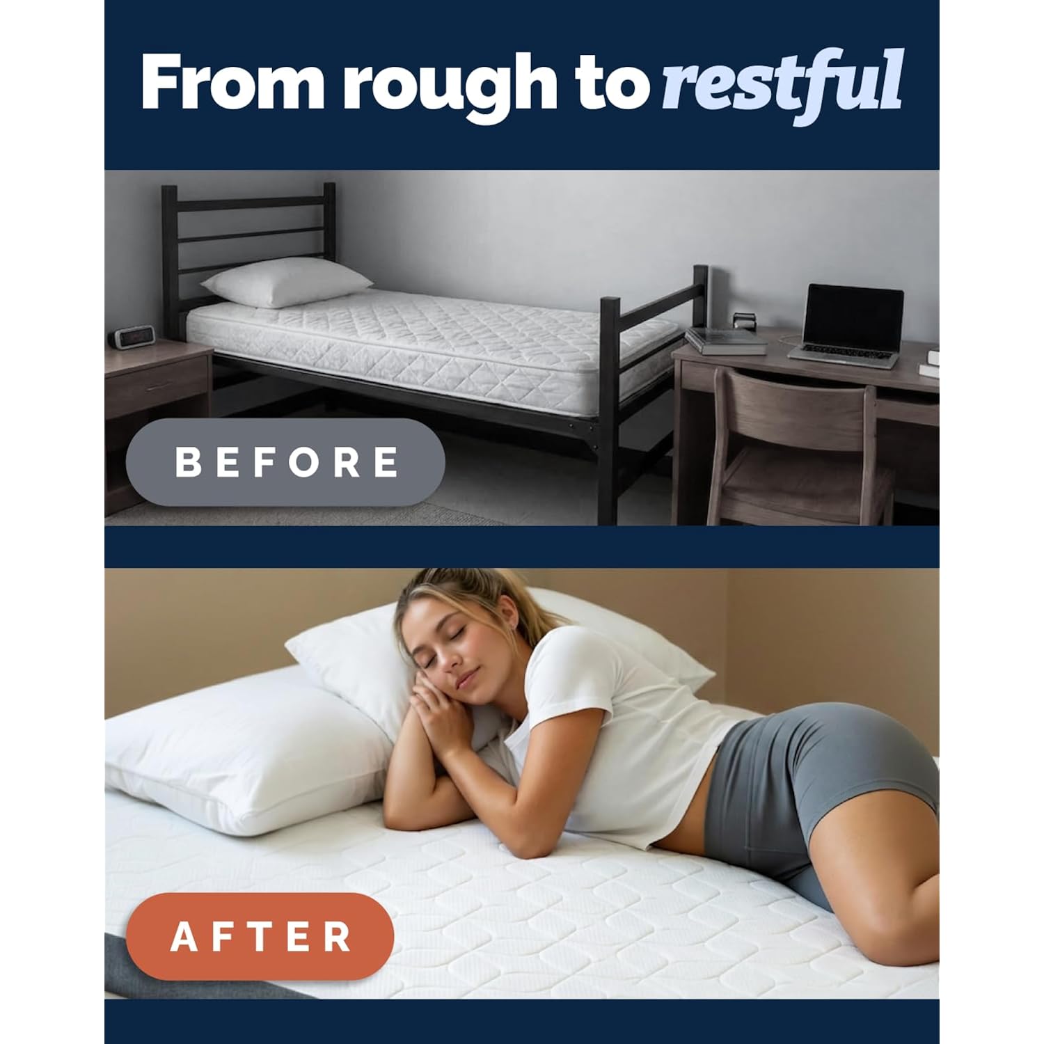 Memory Foam Mattress Topper & Cooling Cover - Dorm Room Essentials - 3 Inch