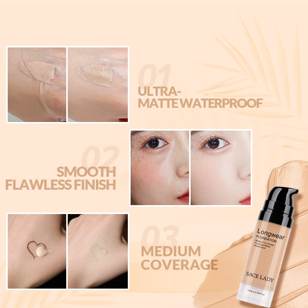 SACE LADY 2Pcs Face Make Up Set, Flawless Matte Foundation and Oil Control Pressed Powder, Lasting Coverage Waterproof Natural Cosmetics Kit