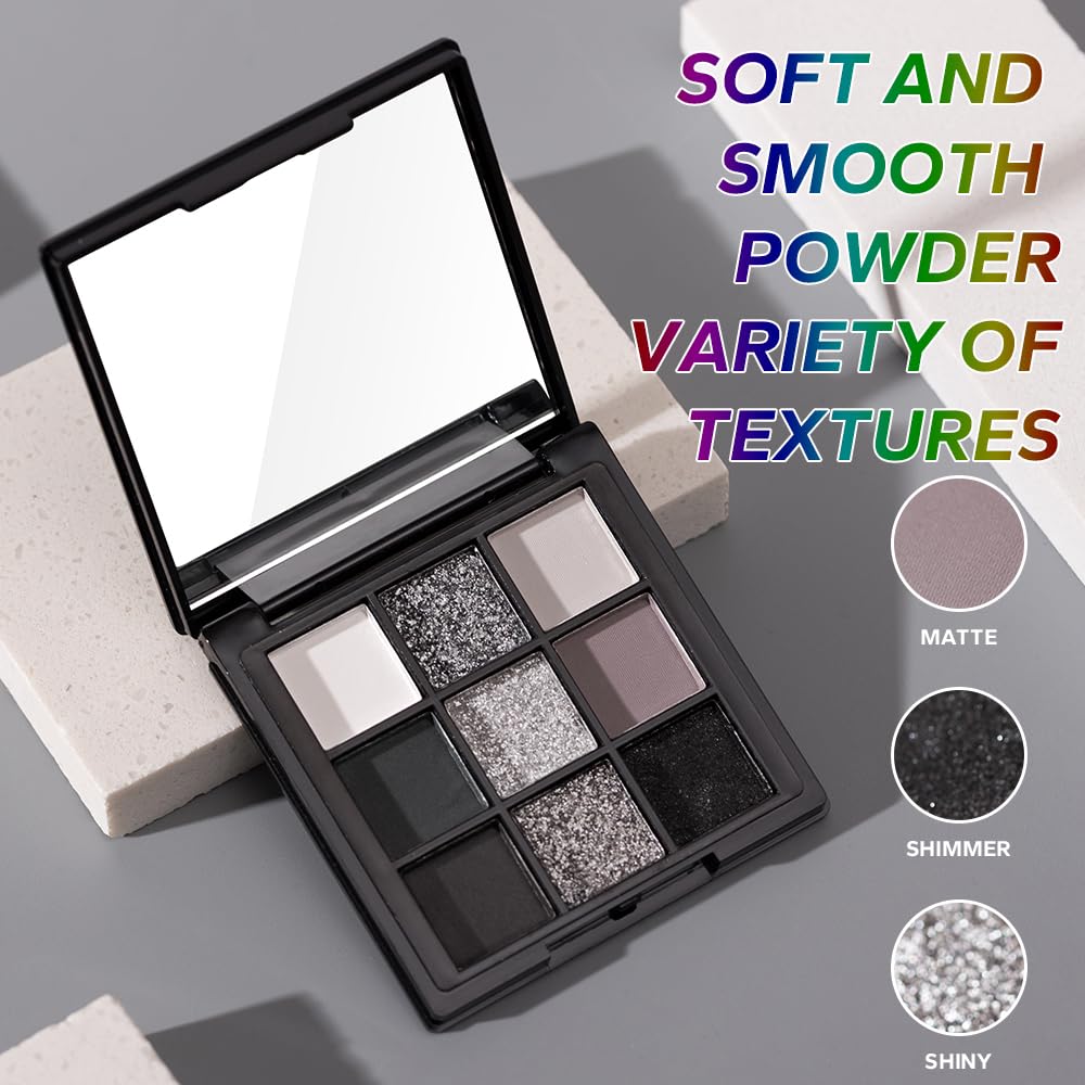 BAISEN DIARY 9 Color Smokey Eyeshadow Palette - Highly Pigmented Matte & Glitter Shades, Long-Lasting, Waterproof & Blendable, Black Silver Gray Eyeshadow Set for Sultry Glam (Reversal Star Smokey)