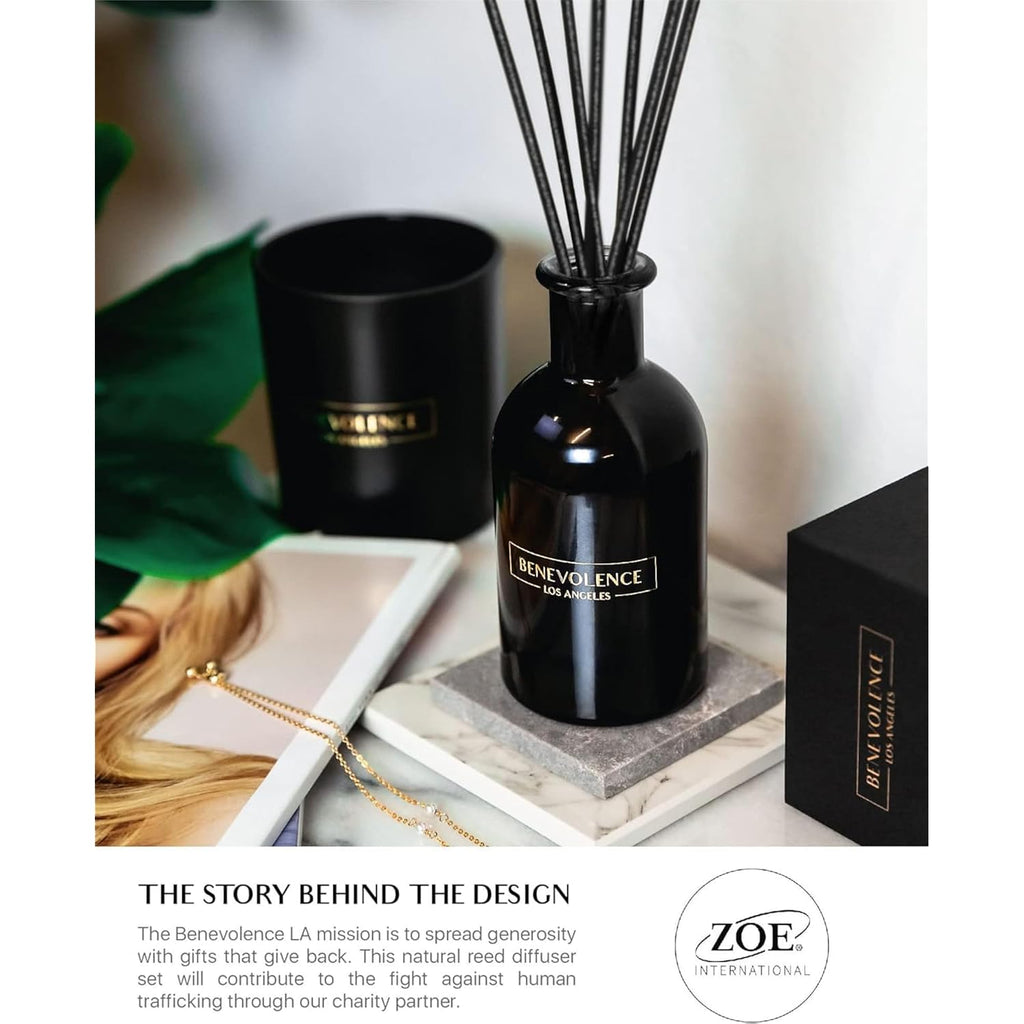 Benevolence La Premium Lavender & Eucalyptus Reed Diffuser Set – Essential Oil Diffuser For Home & Bathroom – Up To 120-Day Fragrance With Rattan Sticks & Gift Box – Charcoal Glass Room Décor