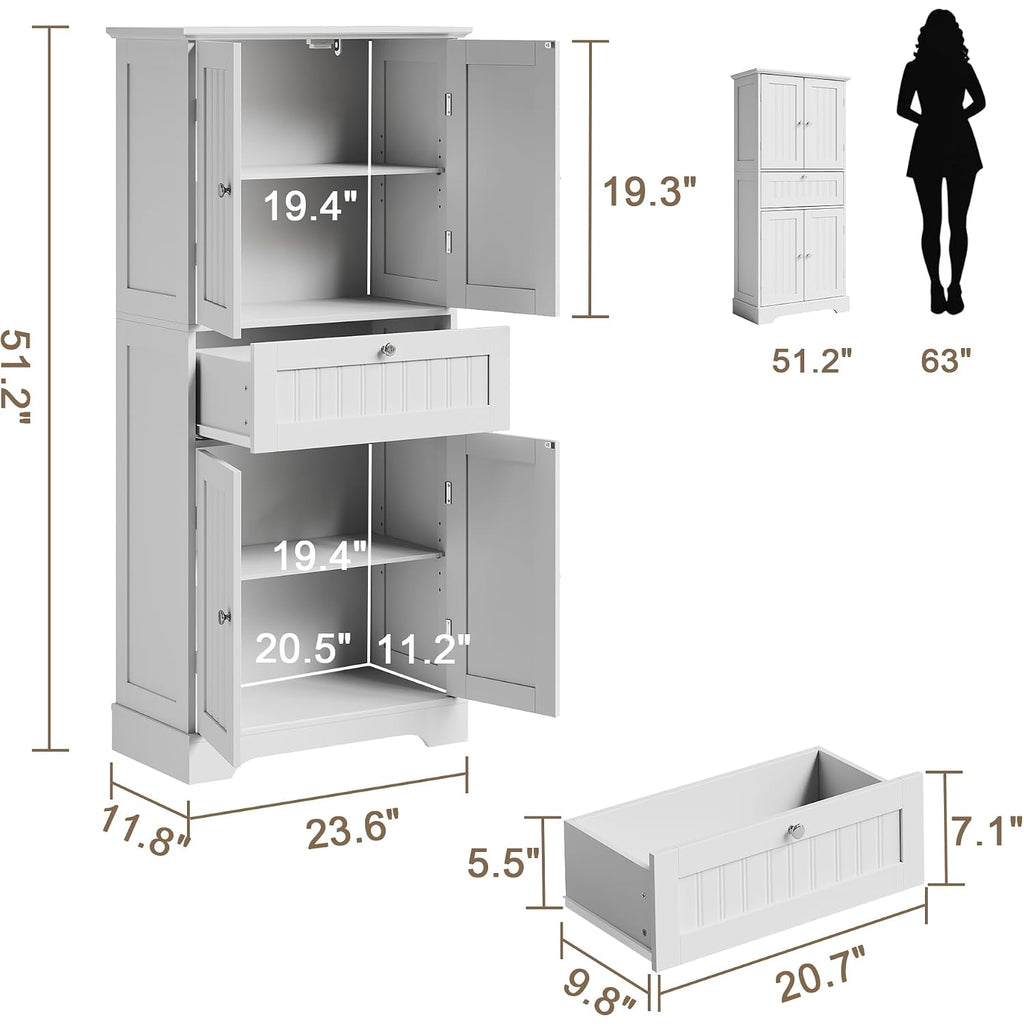 Choochoo 51" H Bathroom Floor Cabinet With Drawers And Adjustable Shelves | Bathroom Storage Cabinet, Freestanding Kitchen Pantry Cupboard With 4 Doors For Living Room, White