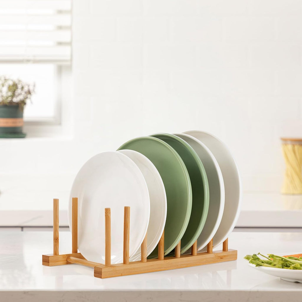 Hblife 2-Pack Bamboo Wooden Dish Rack Holder Space-Saving Vertical Organizer For Plates, Cups, Pots, Lids, Bowls & Cutting Boards Kitchen Cabinet & Counter Storage