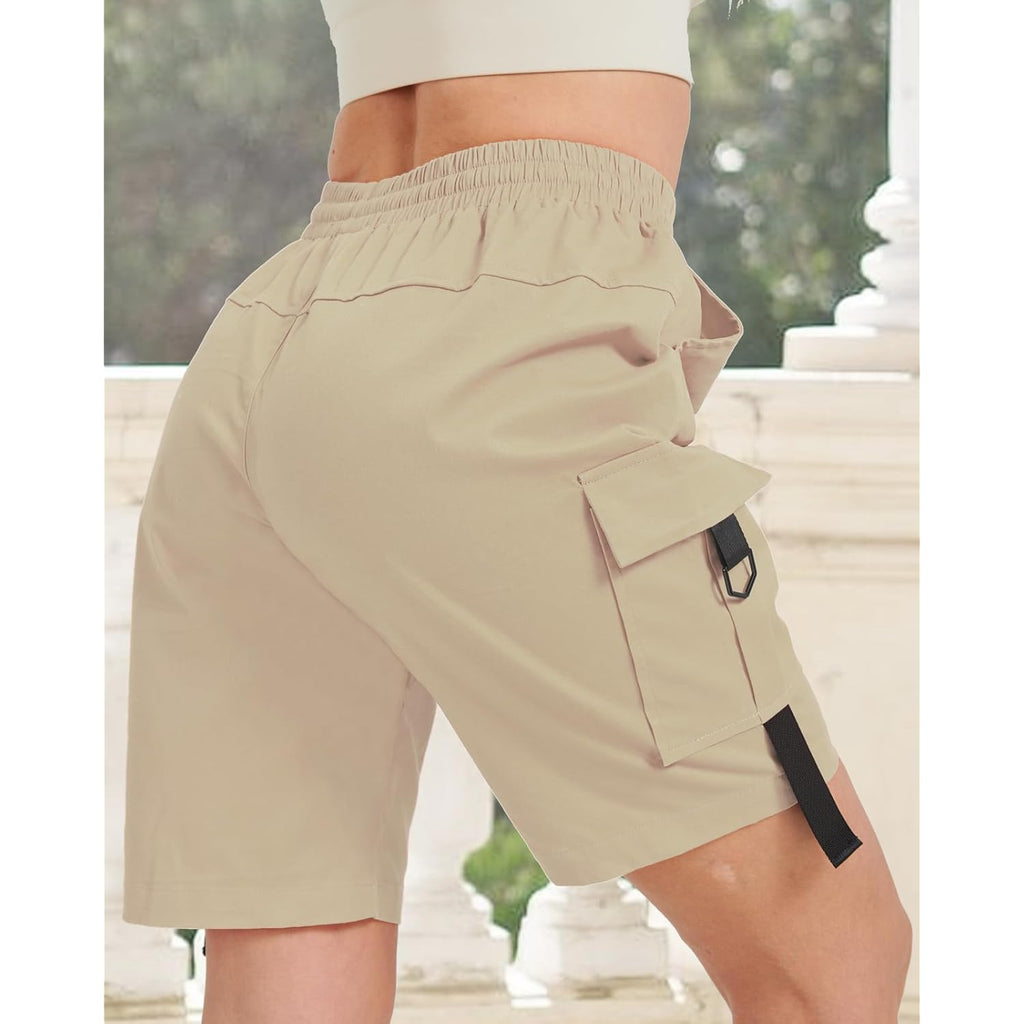 Women's Casual Cargo Shorts with Pockets Elastic High Waist Drawstring Bermuda Shorts for Women