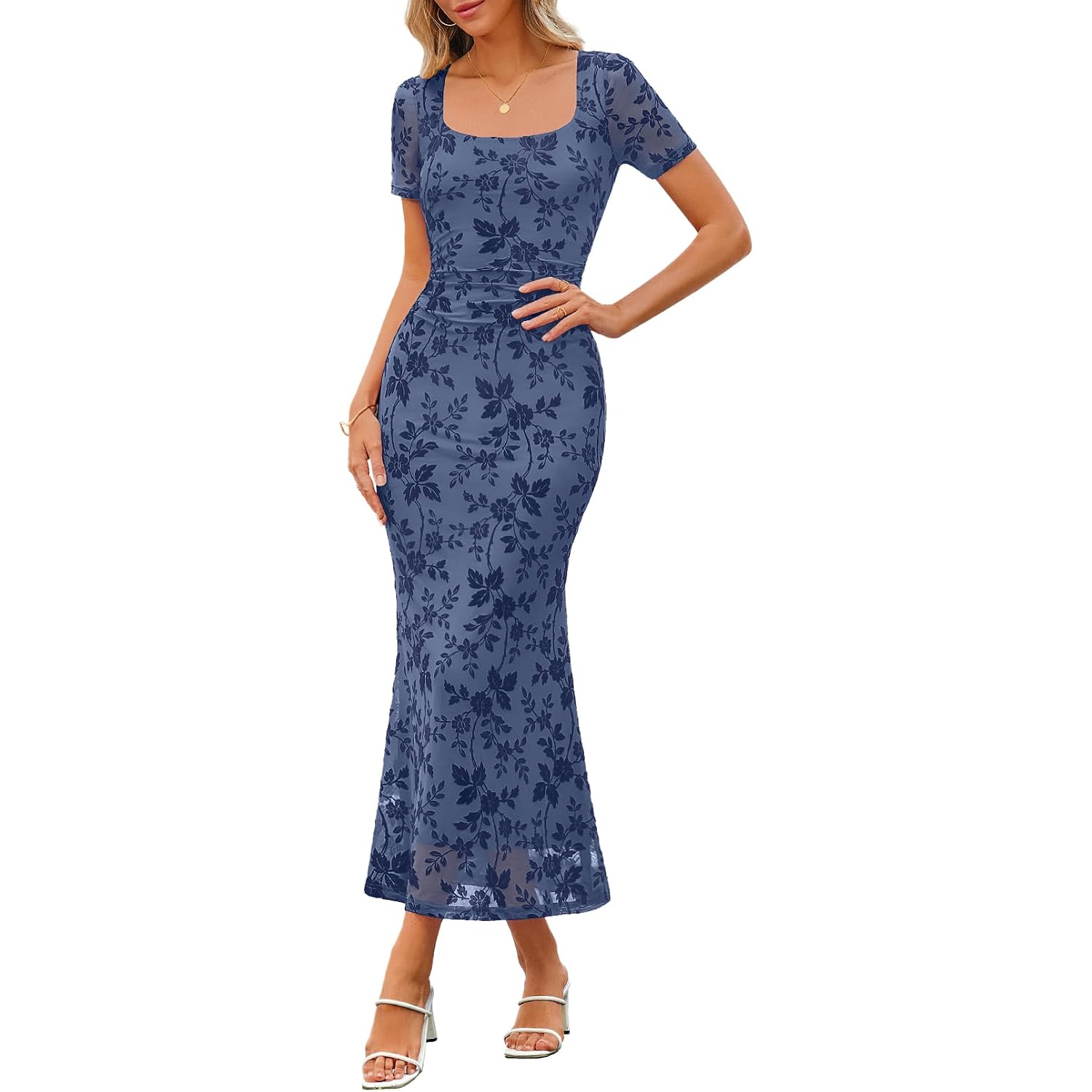 Merokeety Women Summer Floral Wedding Guest Maxi Dress 2026 Formal Short Sleeve Square Neck Bodycon Cocktail Party Long Dress